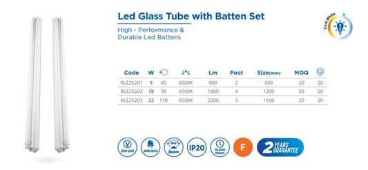 LED GLASS TUBE WITH BATTEN SET, 24W, 170-260v