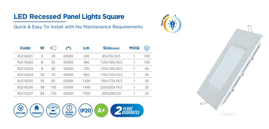 LED RECESSED PANEL LIGHT SQUARE, 24W,85-265V
