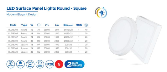 LED SURFACE PANEL LIGHT SQUARE, 18W,85-265V