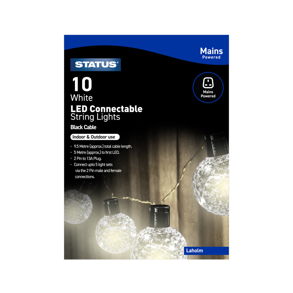 Laholm - 10 Connectable Party Lights - White - LED - Indoor/Outdoor Use - Mains Powered - Black Cable - 5 Warm White micro LEDs Per Bulb - 5M Lead Total Length - 4.5M Light Length - 2 pin connector- IP44 Rated - 1 pack Glossy Box