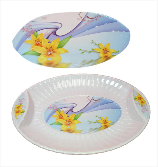 Large Plastic Serving Tray Yellow Floral Design With 2 Handle Grips 52cm x 38cm