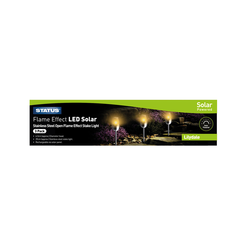 Lilydale - 6.3cm - LED - Solar - Open Flame Effect Stake Light - Stainless Steel - Rechargeable Battery Included - Colour 3pk box