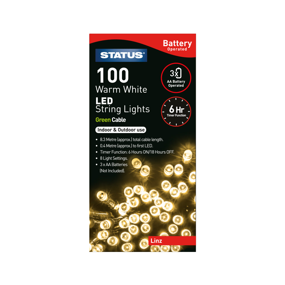 Linz - 100 - Warm White - LED - Indoor/Outdoor - Battery Operated - String Lights - 8 Functions - 6 Hr Timer - Green Cable - 8.3 Metre Total Cable Length - 0.4 Metres To First LED Light - IP44 Rated - 3 x AA Batteries (Not Included)- 1Pk Glossy Box