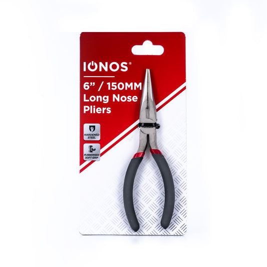Long Nose Pliers - drop forged carbon steel - nickel plated - 6" - soft plastic handle - Ionos - 150mm - 1 pk