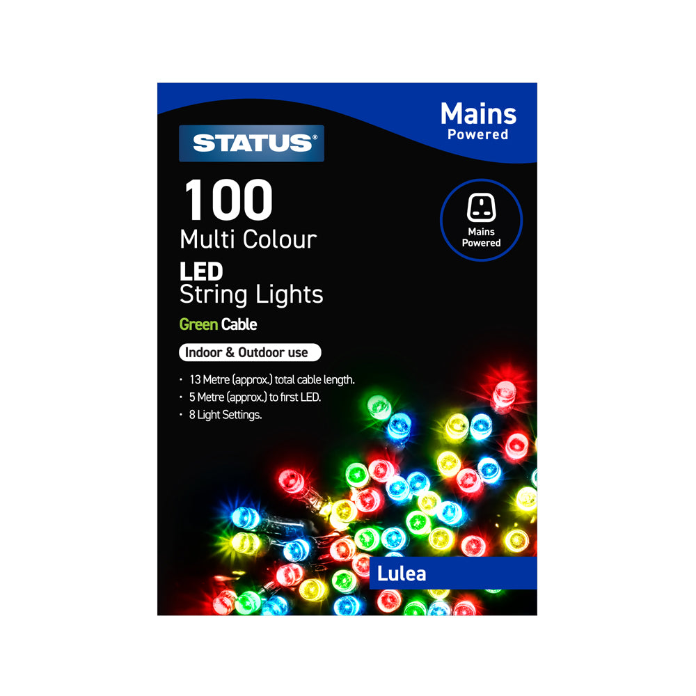 Lulea - 100 - Multi Coloured - Red Green Blue & Yellow - LED - Indoor/Outdoor - Mains Powered - String Lights - 8 Functions - Green Cable - 13 Metre Total Cable Length - 5 Metres To First LED Light - IP44 Rated (Light chain only)- 1 Pack Glossy Box