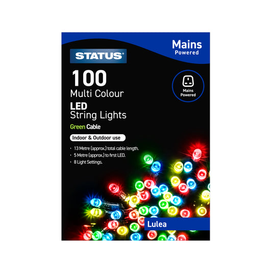 Lulea - 100 - Multi Coloured - Red Green Blue & Yellow - LED - Indoor/Outdoor - Mains Powered - String Lights - 8 Functions - Green Cable - 13 Metre Total Cable Length - 5 Metres To First LED Light - IP44 Rated (Light chain only)- 1 Pack Glossy Box