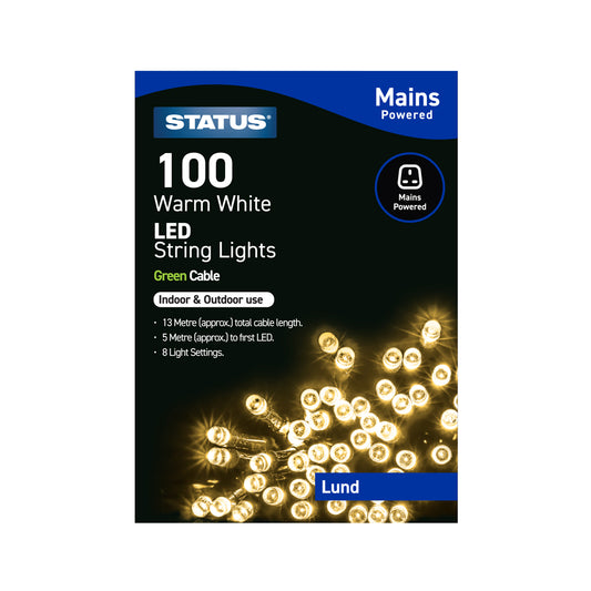Lund - 100 - Warm White - LED - Indoor/Outdoor - Mains Powered - String Lights - 8 Functions - Green Cable - 13 Metre Total Cable Length - 5 Metres To First LED Light - IP44 (Light Chain Only) - 1 Pack Glossy Box
