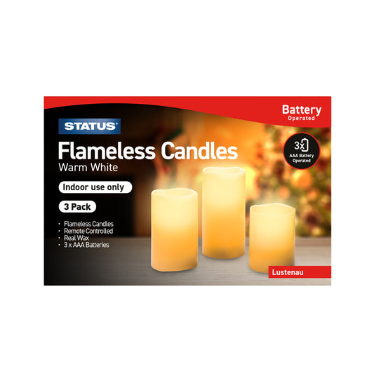 Lustenau - Flameless Candle - 3 pack - Candles sizes 4" 5" and 6" - Wax candle smooth sides - Candle colour off-white - Flicker effect - Remote Controlled (included) - IP20 - Batteries not included