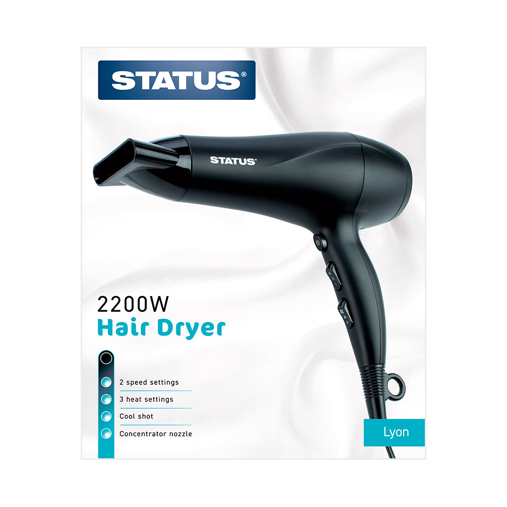 Lyon - Black - 1800-2200w - Hairdryer - 2 Speed - DC Motor - 1 pk - in Glossy Retail Box