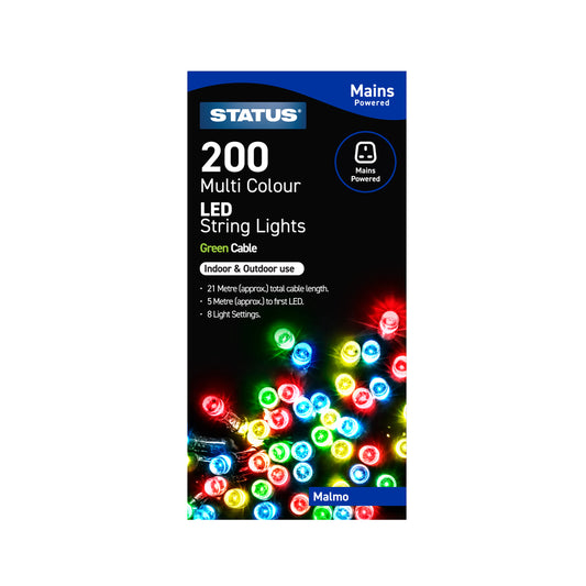 Malmo - 200 - Multi Coloured - Red Green Blue & Yellow - LED - Indoor/Outdoor - Mains Powered - String Lights - 8 Functions - Green Cable - 21 Metre Total Cable Length - 5 Metres To First LED Light - IP44 (Light Chain Only) - 1 Pack Glossy Box