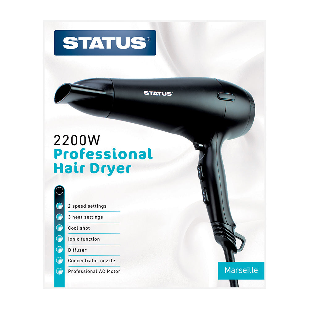 Marseille - Black - 1800-2200w - Hairdryer - Diffuser - 2 Speed - AC Motor - 1 pk - in Glossy Retail Box