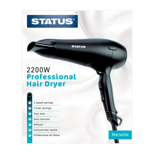 Marseille - Black - 1800-2200w - Hairdryer - Diffuser - 2 Speed - AC Motor - 1 pk - in Glossy Retail Box
