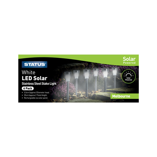Melbourne - 5.5cm - White - LED - Solar - Stake Light - Stainless Steel - Rechargeable Battery Included - 6 pack - glossy colour box