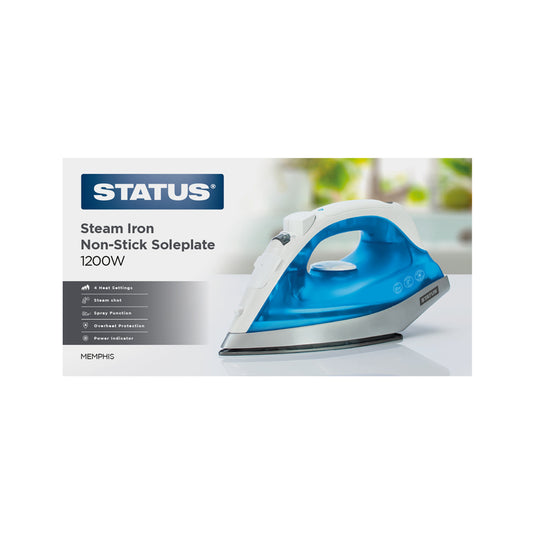 Memphis - Blue - 1200w- Steam Iron - Sole Plate Non Stick - Adjustable Temperature Control - 1 pk - in Glossy Retail Box