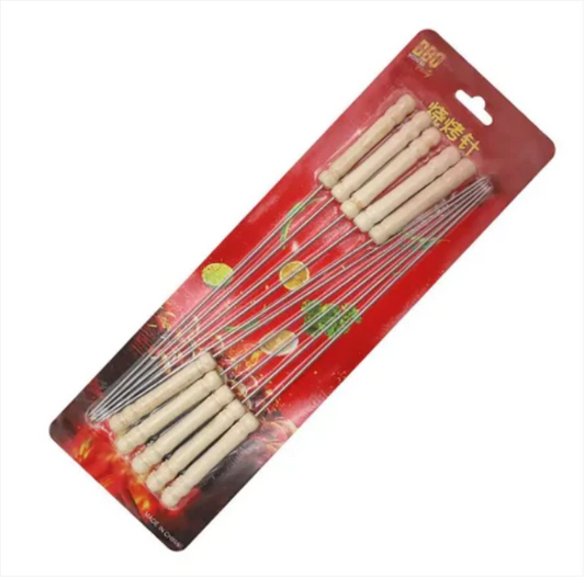 Metal BBQ Kebab Skewer Sticks 12pcs 30 cm Wooden Handle
