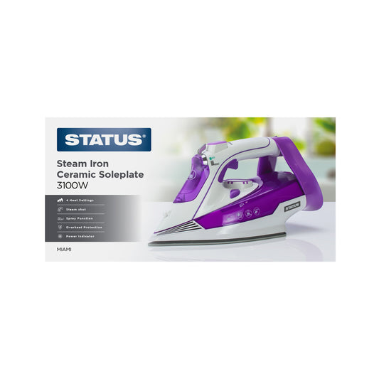 Miami - Purple - 3100w - Steam Iron - Sole Plate Ceramic - Adjustable Temperature Control - 1 pk - in Glossy Retail Box