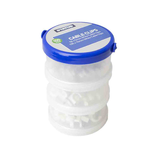 Mixed Sizes - White - Round Cable Clips (100 x 10mm & 50 x 5mm) - 150 pk - in Plastic Tub