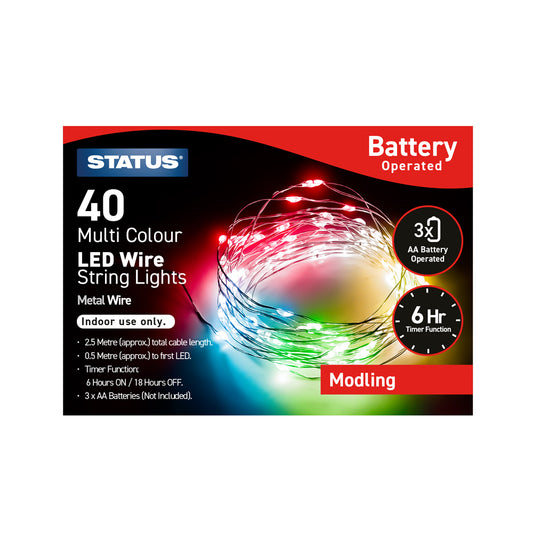 Modling - 40 - Multi Coloured - LED - Indoor Use - Battery Powered - Wire Lights - Silver Cable -0.5M Lead Length - 2M Light Length - Timer - IP44 Rated - 1 pack Glossy Box