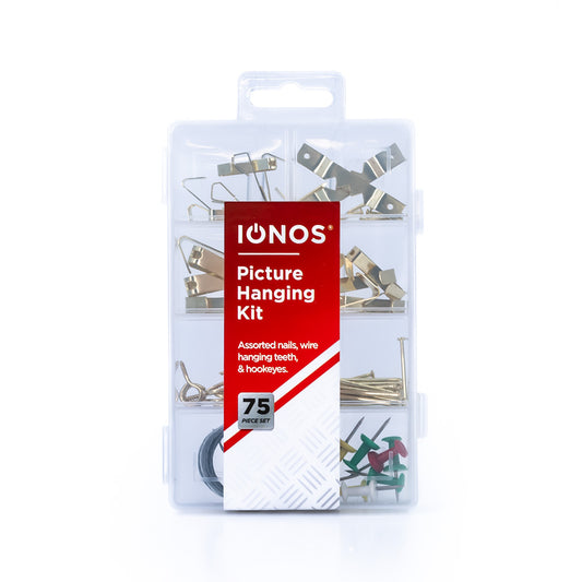 Multi-Use Picture Hanging Kit 1Pk - 75pcs - hanging hooks 8x10LB 6x20LB 4x50LB - sheep eye 16x1# - hanging teeth 4x1/1/2" - wire 1x6ft - colour pushing nails 8x3/8" - half round nails 9x1/2" 15x1" 4x1/1/2" - Ionos - 1 pk clear plastic storage box