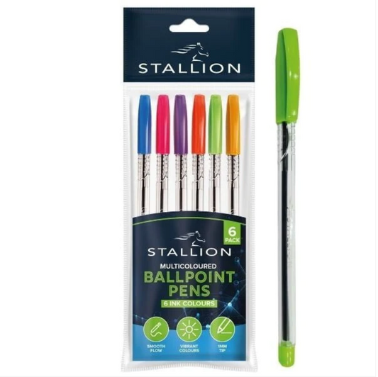 Multicoloured Ballpoint 1mm Tip Pens 6pk Home School College