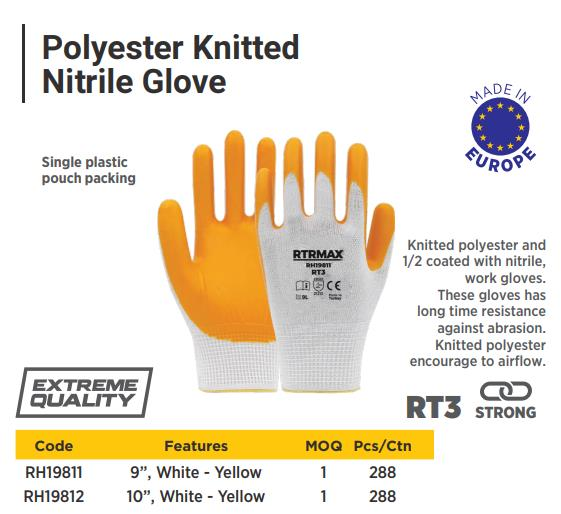 NITRILE COATED POLYESTER GLOVES RT3 WHITE YELLOW NO:9 RTRMAX