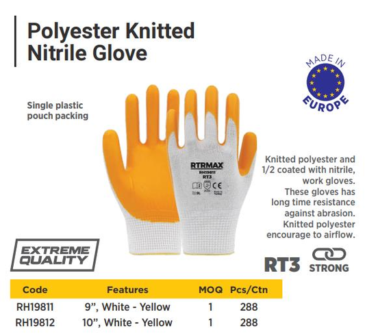 NITRILE COATED POLYESTER GLOVES RT3 WHITE YELLOW NO:9 RTRMAX