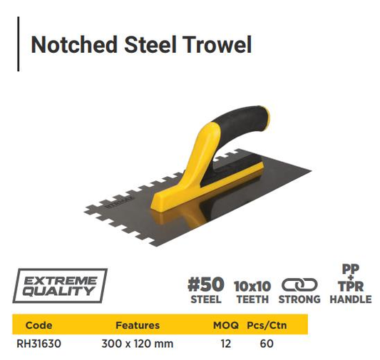 NOTCHED STEEL TROWEL 300MM*120MM TEETH (10*10MM)
