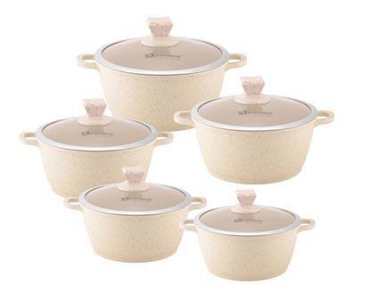Nea Marbell Diecast Stockpot Set 5 Pack Natura-Cream Marble Effect 20-24-28-30-32cm