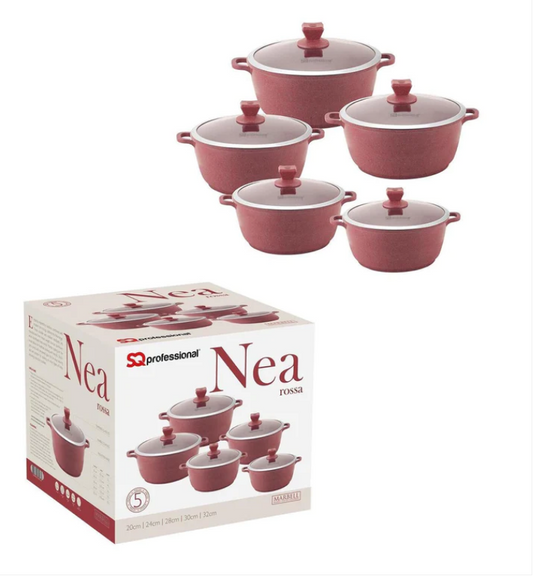 Nea Marbell Diecast Stockpot Set 5 Pack Rossa Red Marble Effect 20-24-28-30-32cm