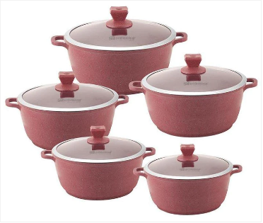 Nea Marbell Diecast Stockpot Set 5 Pack Rossa Red Marble Effect 20-24-28-30-32cm