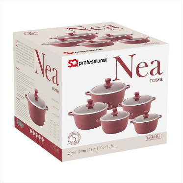 Nea Marbell Diecast Stockpot Set 5 Pack Rossa Red Marble Effect 20-24-28-30-32cm