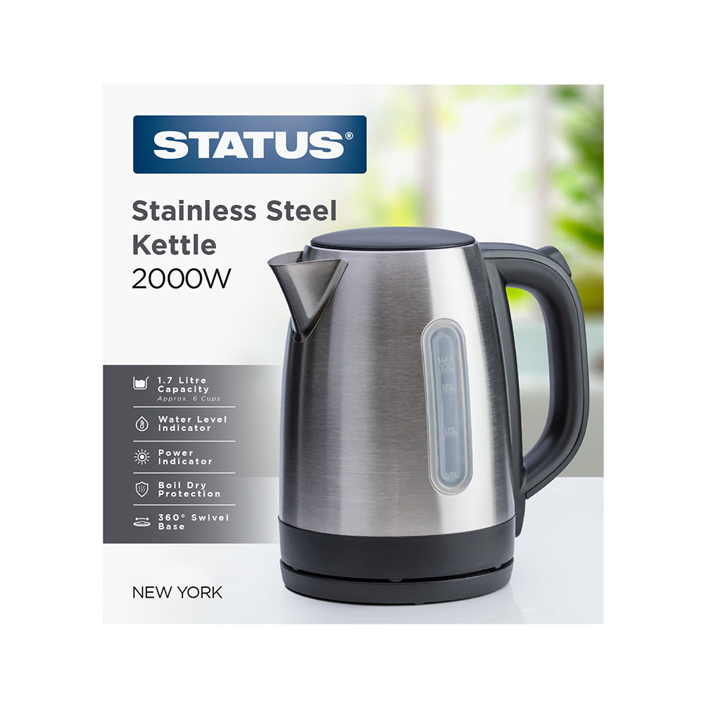New York - Stainless Steel - 1.7 Litre - Swivel Cordless - Kettle - Dual Water Indicator - 2kw - 1 pk - in Glossy Retail Box