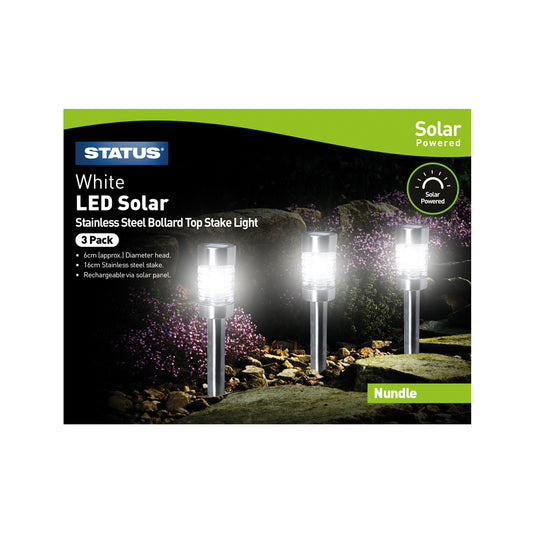 Nundle - 6cm - white LED - Solar - Bollard Top Stake Light - Stainless Steel - Rechargeable Battery Included - 3 pack Glossy Box