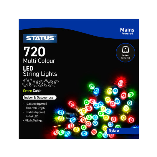 Nybro -720 - Multi Coloured - LED - Indoor/Outdoor - Mains Powered - Cluster Lights - 8 Functions - Green Cable - 10 Metre Total Cable Length - 9.3M Light Length - IP44 Rated- 1 Pack Glossy Box