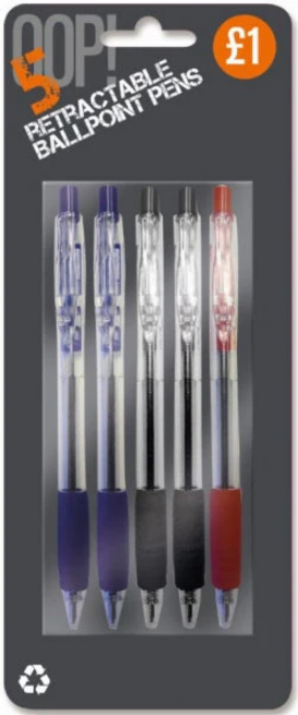 OOP! Retractable Ballpoint Pens Pack of 5 Assorted Colours