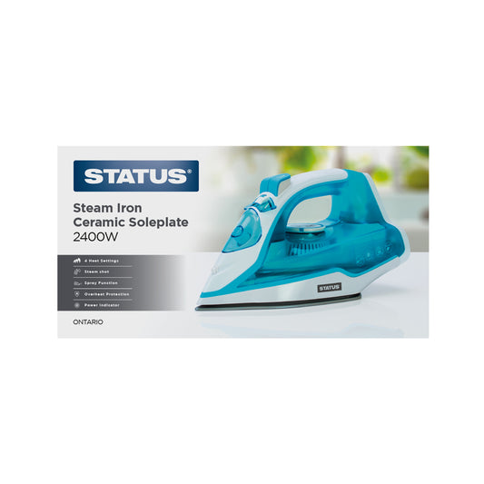 Ontario - Aqua Blue - 2400w - Steam Iron - Sole Plate Ceramic - Adjustable Temperature Control - 1 pk - in Glossy Retail Box