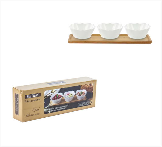 Opal High Quality Snack Bowl Set Silver Rim 4 Pcs Inc Tray 38cm x 12cm x 1cm
