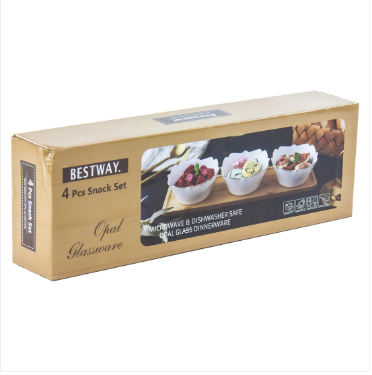 Opal High Quality Snack Bowl Set Silver Rim 4 Pcs Inc Tray 38cm x 12cm x 1cm