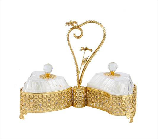 Ornate Party Heart Shape Serving Tray 2 Bowls With Lids Gold Embroidery 36cm x 19cm x 32cm
