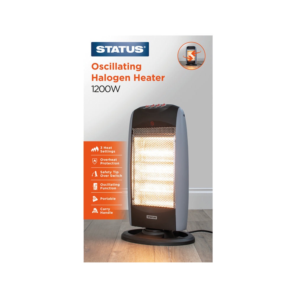 Oscillating Halogen Heater -1200w - Light and Dark Grey - 3 Heat Settings - with Adjustable Thermostat - 1 pk - in Glossy Retail Box - 6pcs per Outer Case