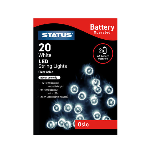 Oslo - 20 - LED - White - Indoor - Battery Operated - String Lights - On/Off Function - Clear Cable - 1.52 Metre Total Cable Length - 0.4 Metres To First LED Light - 1 Pack 1 Pack Glossy Box
