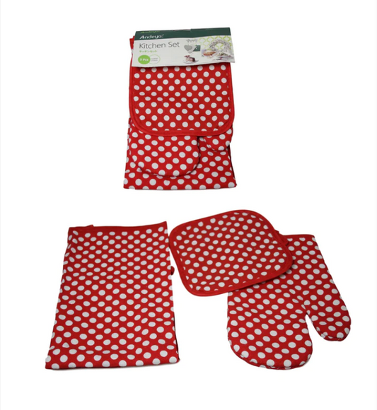 Oven Glove Apron Pan Holder Set of 3 Polka Dot Design Assorted Colours