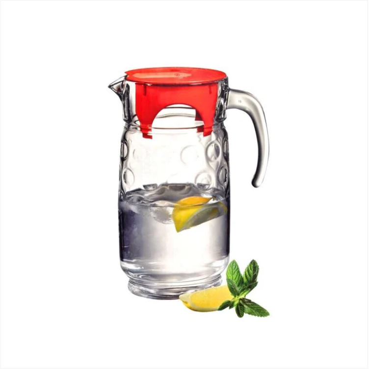 PB Glass Fancy Space Jug Water Drinking Glassware Jug Red Lid 1.65 Litre