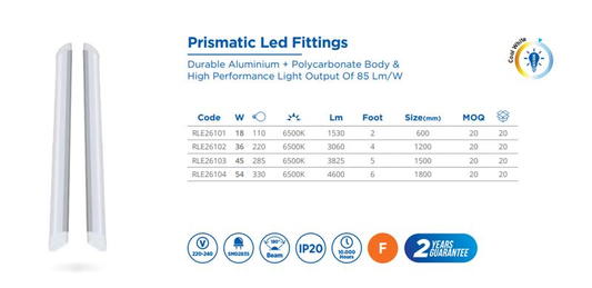 PRISMATIC LED FITTING, 36W, 185-265V, SIZE,1,2M,