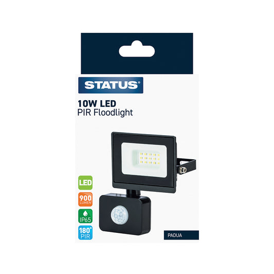 Padua - 10w LED - Black - Flood Light - with PIR - 1 pk - in Glossy Retail Box