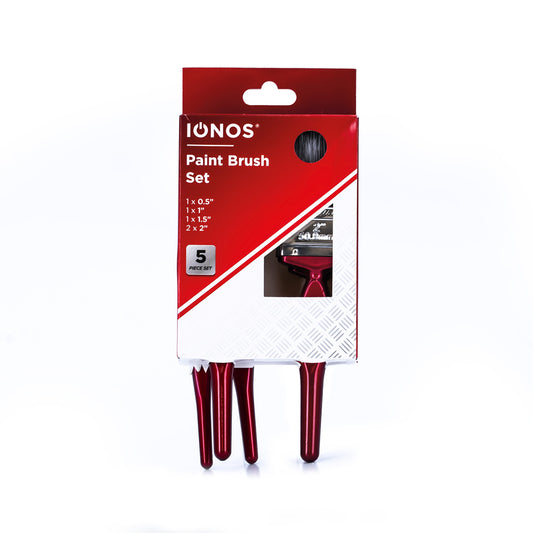 Paintbrush Set - 5 pcs set - 1 x 0.5"*45*8mm 1 x 1"*52*12mm 1 x 1.5"*52*14mm 2 x 2"*52*15mm - red plastic handles - in card box with window - tamper sealed - Ionos - 5pk
