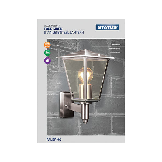 Palermo - 12w CFL / 42w Halogen E27 - Stainless Steel - 4 sided Lantern (bulb not included) - 1 pk - in Glossy Retail Box