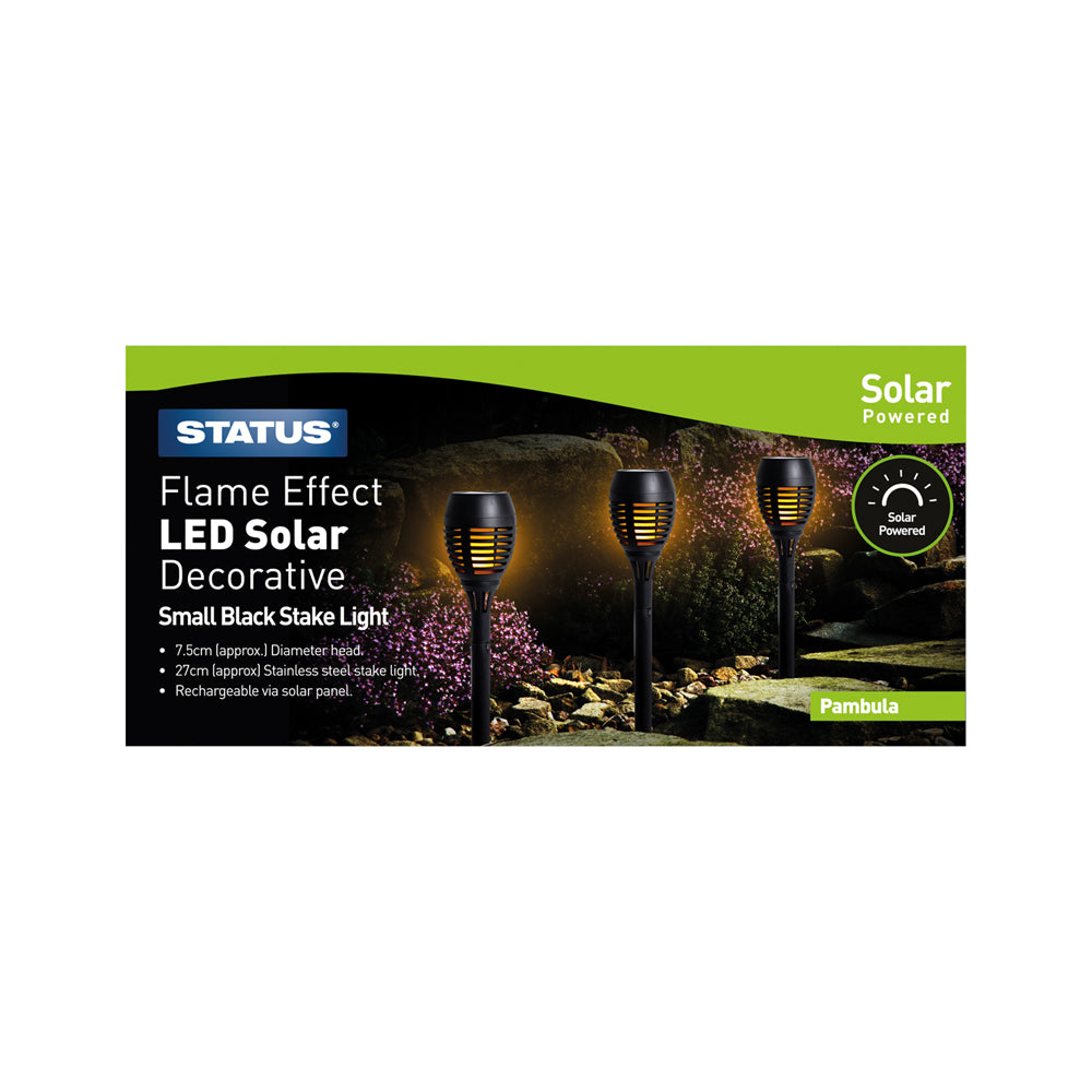 Pambula - 7.5cm - Dancing Fire Flame - 12 x LED - Solar - Stake Light - Black - Rechargeable Battery Included - 3 pack - glossy colour box