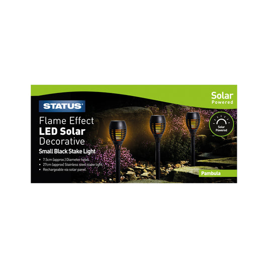 Pambula - 7.5cm - Dancing Fire Flame - 12 x LED - Solar - Stake Light - Black - Rechargeable Battery Included - 3 pack - glossy colour box