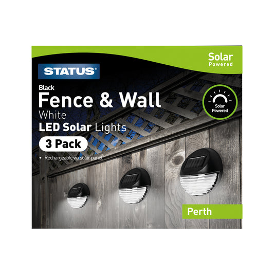 Perth - White - LED - Solar - Black Fence Lights - Rechargeable Battery Included - IP44 - 3 Pack Glossy Box